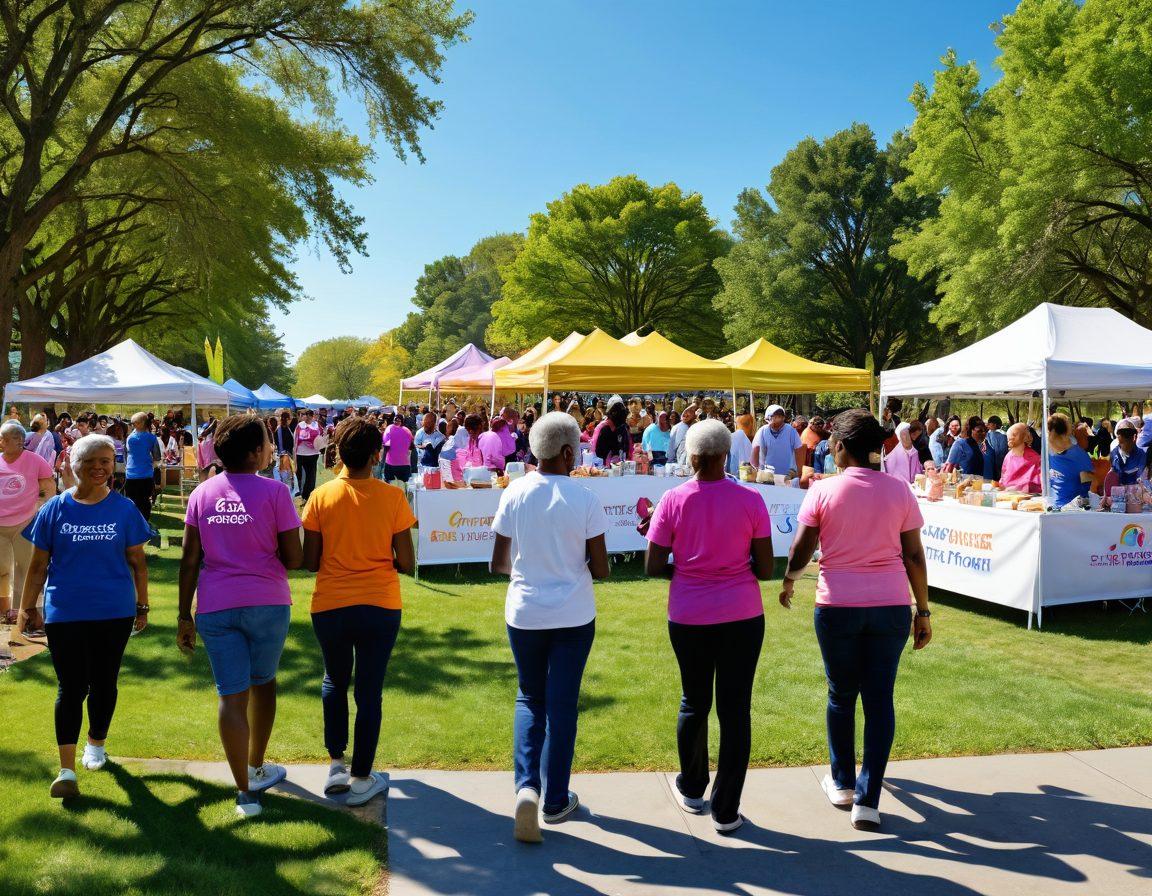 A serene and uplifting scene featuring a diverse group of people of various ages and backgrounds, joyfully participating in a community health event focused on cancer awareness and wellness. Include elements like informational booths, healthy food stands, and engaging workshops in a sunlit park setting, with a large banner in the background that reads 'Empower Your Fight Against Cancer'. Add vibrant colors and an atmosphere of hope and support. super-realistic. vibrant colors. sunny background.