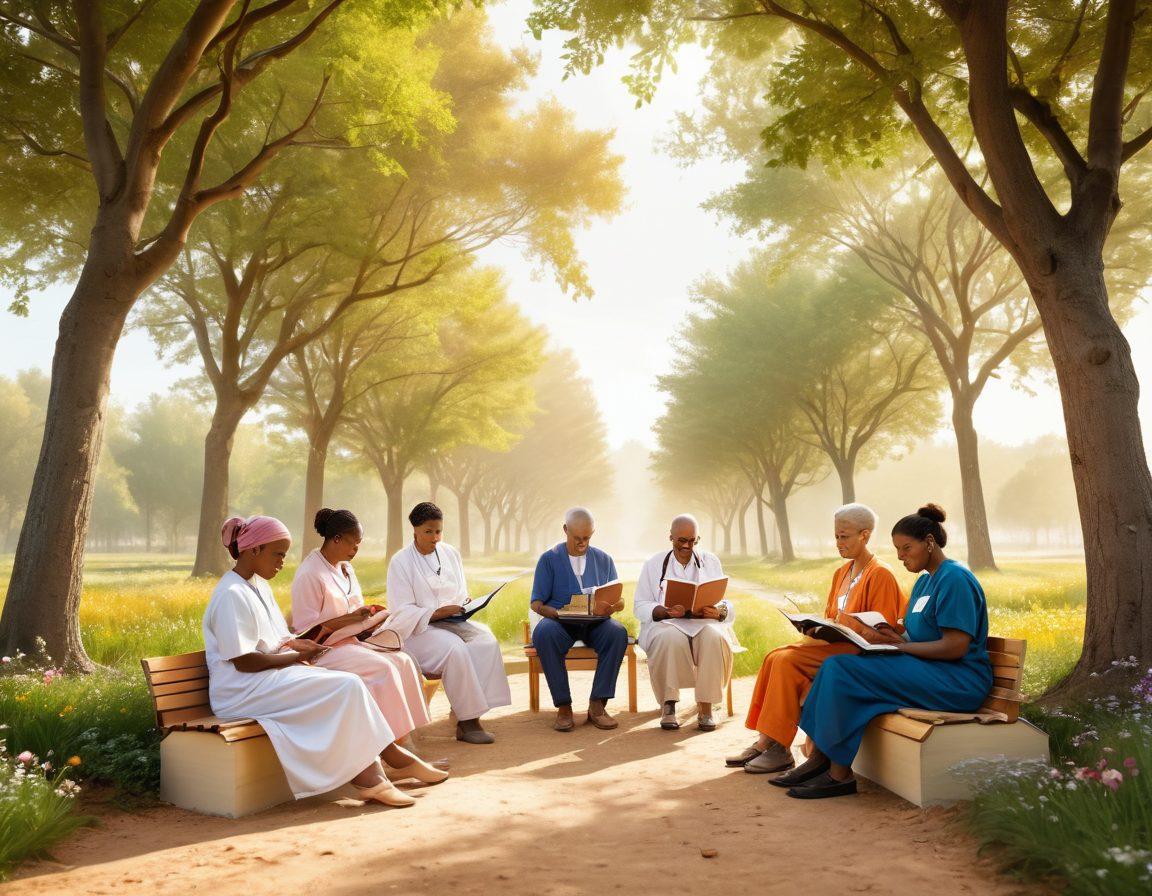 A serene and uplifting landscape featuring a diverse group of cancer patients and healthcare professionals, supported by open books and digital devices, symbolizing access to essential health tips and resources. Include gentle sunlight filtering through trees, showcasing a path forward filled with hope and resilience. Warm color tones to evoke positivity and strength. super-realistic. vibrant colors. white background.