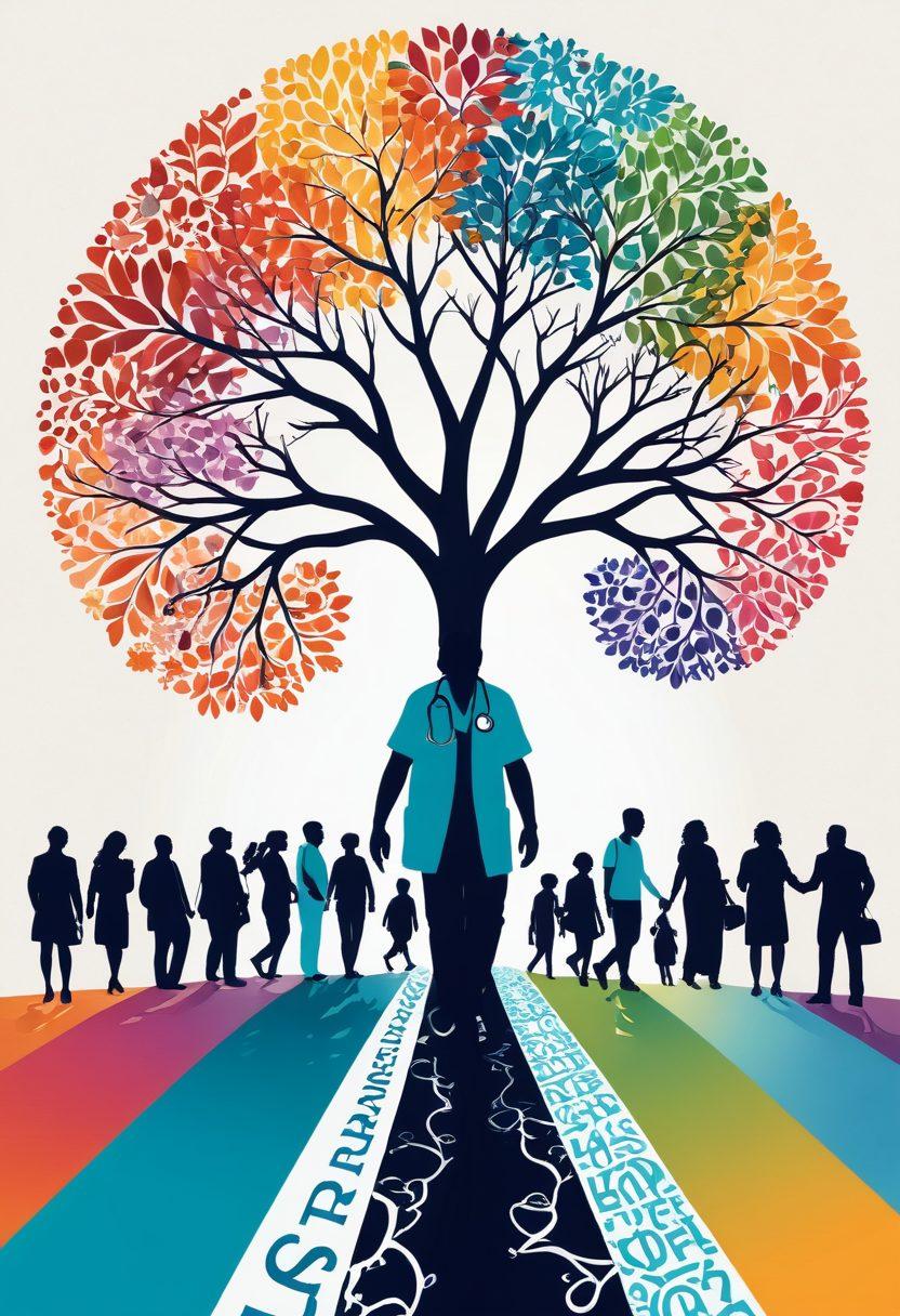 A collage depicting a journey of cancer patients, featuring a stethoscope symbolizing early detection, a vibrant tree representing growth and hope, and silhouettes of diverse individuals celebrating survivorship. The background should blend soothing colors and abstract patterns that evoke strength and resilience. super-realistic. vibrant colors. white background.